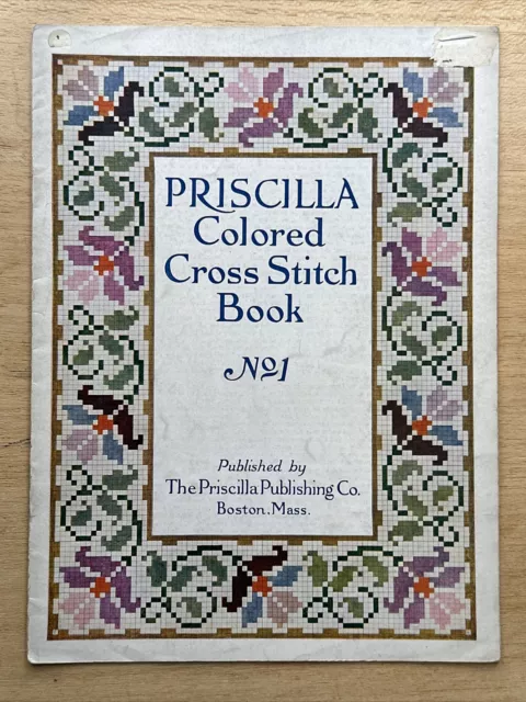 Antiguo libro de puntada de cruz de color Priscilla con agujas pequeño 8 páginas