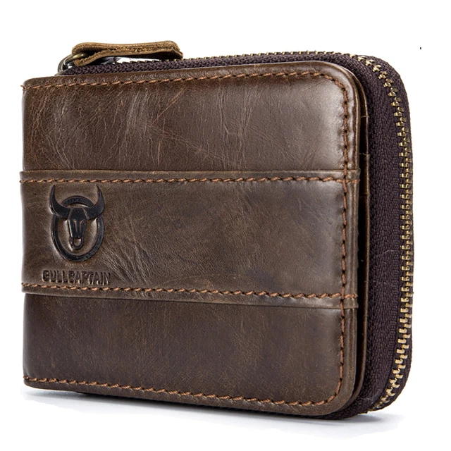 BULLCAPTAIN Mens Wallet Genuine Leather RFID Zip Around Bifold w/Zip Coin Pocket