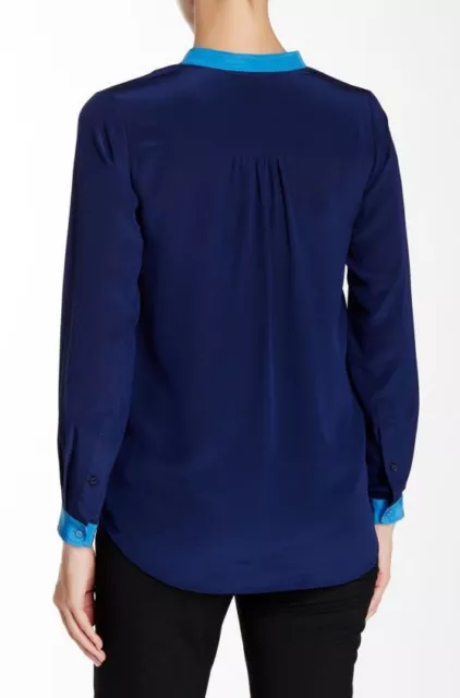 NWT Vince Contrast Trim Split Neck Silk Popover Blue Sz: 8  NEW $265 2