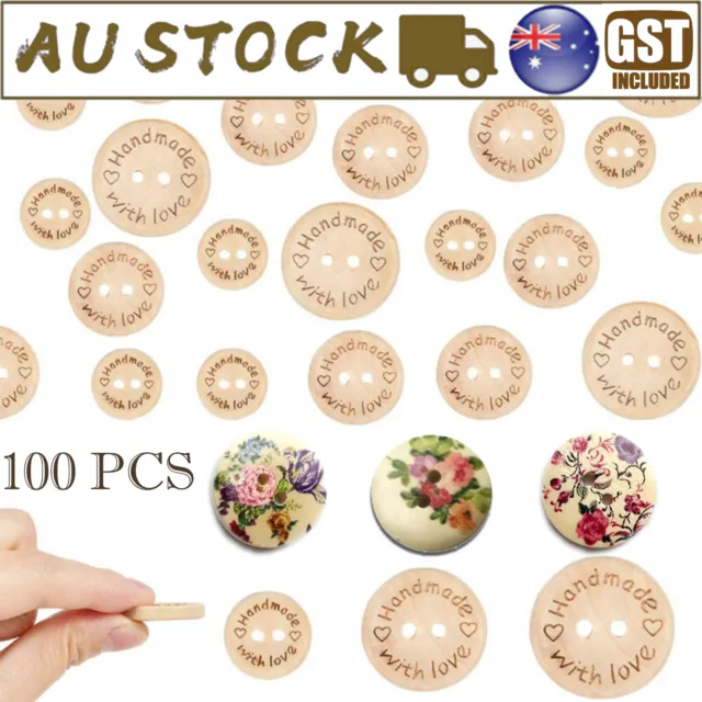 100PCS Natural Wooden Button Craft Sewing Handmade With Love Wooden Buttons DIY