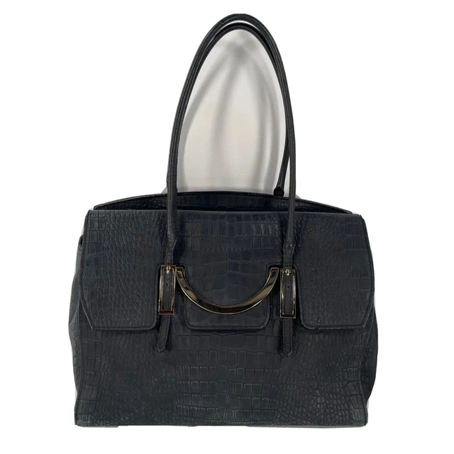 Coccinelle Shoulder Bag Handles Tote Purse Croc Embossed Black Leather