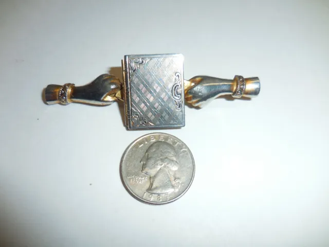 Vintage Hands Holding Book Locket Pin Brooch 3” X 1”