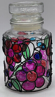 Vintage 1970’s Hand Painted Flowers Glass Jar Stained Glass Look Boho Hippy MCM