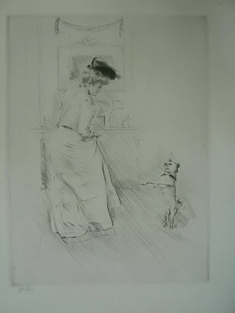 Estampe Moderne 1900 - Paul Cesar Helleu Femme Et Son Petit Chien "Le Dressage"