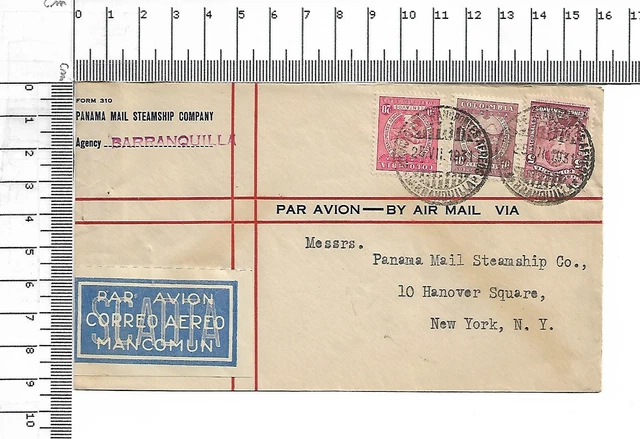 1931 Colombia Form 310 Panama Mail Steamship Company SCADTA par avion NY; 61409M