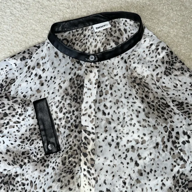 DKNY Button Up Dress Shirt Leopard Print With Faux Leather Accents Women’s Sz M