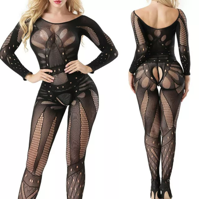 Plus Size Women Sexy Mesh Fishnet Body Stockings Long Sleeve Lingerie Underwear