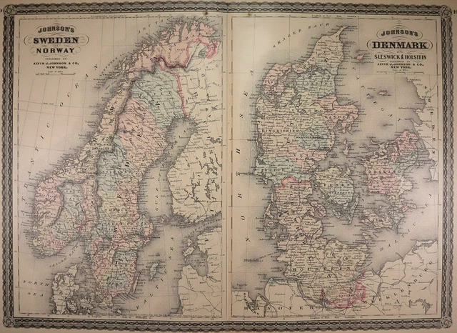 Authentic 1878 Johnson's Atlas Map ~ SWEDEN - NORWAY ~ FreeS&H    Inv#74