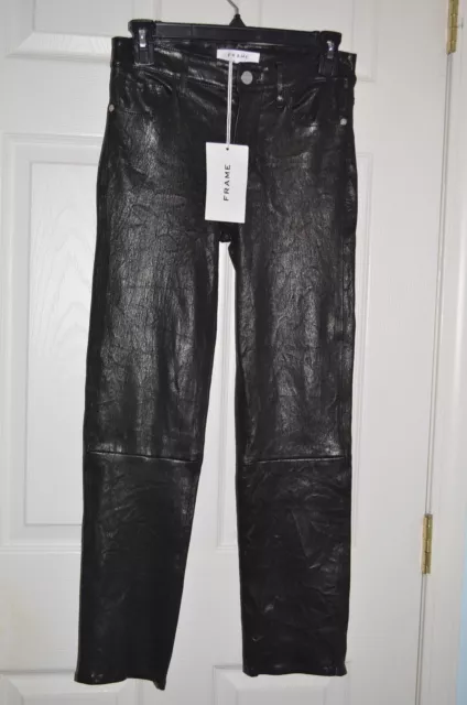 $998 NWT Frame Le High Straight Lamb Leather Pants in Black Women's size 24