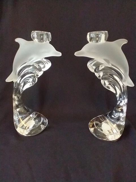 Lenox Dolphin On Wave Crystal Candlesticks  Set Of 2  Nautical Sea Life Vtg .