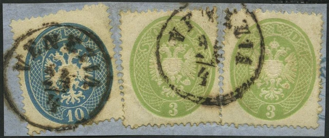 LOMBARDEI UND VENETIEN 15,17 BrfStk, 1863, 3 So. grün (2x) und 10 So. blau auf P