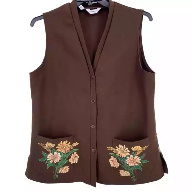 Vintage Levis Strauss 70s Floral Painted Jeweled Vest Brown Polyester Size 38 M