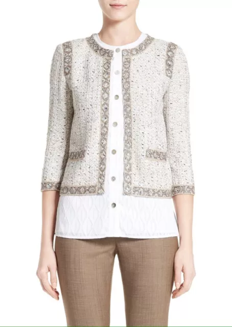 St. John Collection Kira Tweed Knit Jacket 12 Brown Blanco Safari Women's $1,295