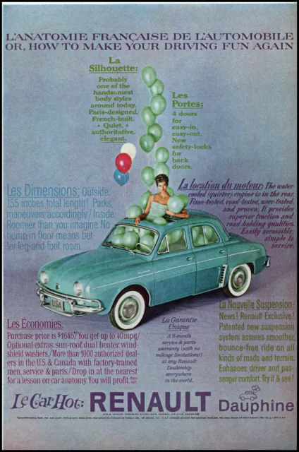 1960 Woman in sunroof of Renault Dauphine car balloons retro photo print ad L4A