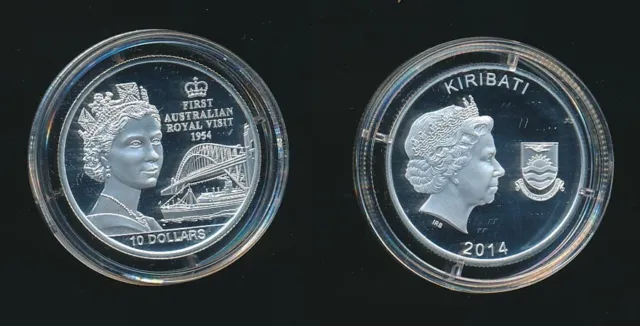 Kiribati: 2014 $10 QEII First Visit Australia 60th Anniversary Proof Silver