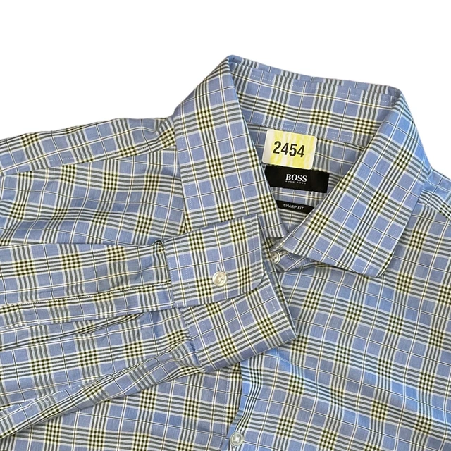 HUGO BOSS Dress Shirt 17 1/2   34/35 Blue Gray Plaid Check Sharp Fit Excellent