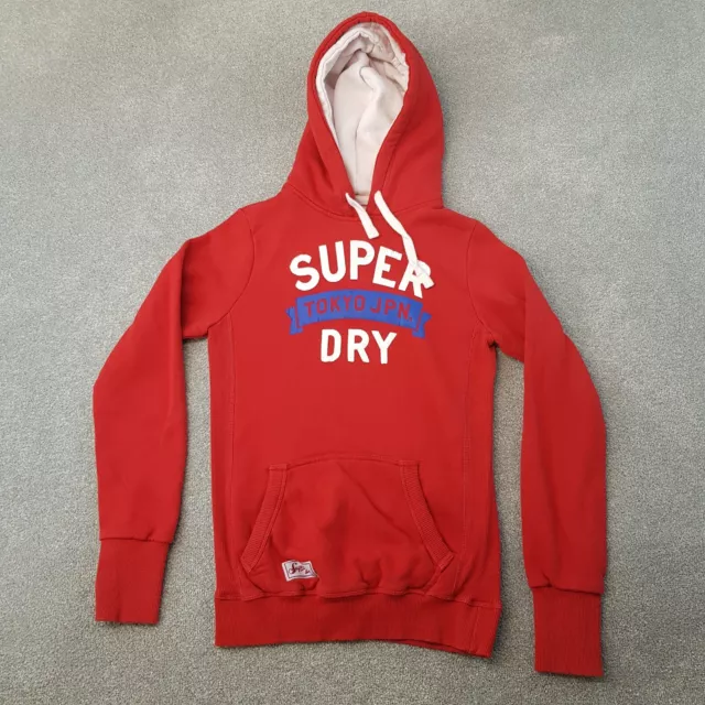 Superdry Womens Hoodie Small Red Pullover Jumper Sweatshirt Spellout Logo