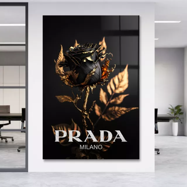 ✅ Prada Milano Gold Blume ,Fashion Mode Kunst Luxus Leinwand Bilder Wandbild