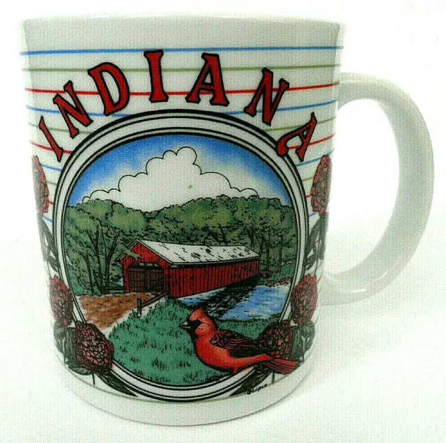 Indiana State Coffee Mug Cup Covered Bridge Water Peony Flower Cardinal Lipco