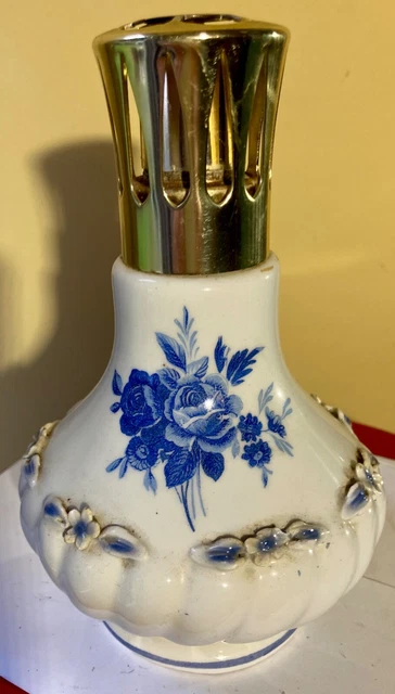 Ancienne Lampe Berger Décor Fleurs Bleues - En Faïence - Occasion - Made In France