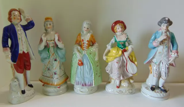 Vintage Occupied Japan 5  Hand Painted Colonial Figurines 7.25-8"  2 Men-3 Women