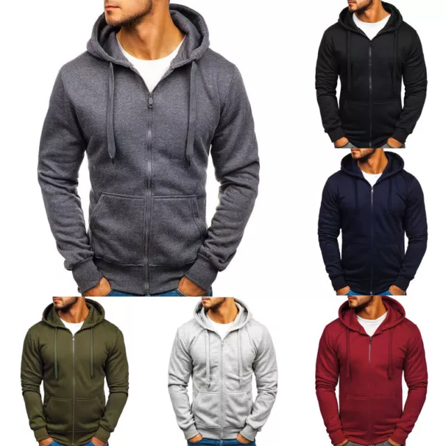 Uomo Zip Intera Tinta Unita Felpa con Cappuccio Adulto Cerniera Maglia Giacca UK