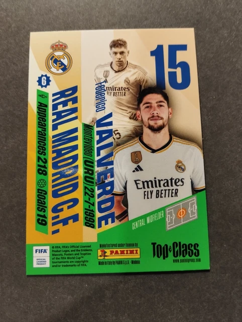 Carte Panini Top Class 2023 - Federico Valverde (Real Madrid) N°156 - État MINT - Autocollant Non Collé
