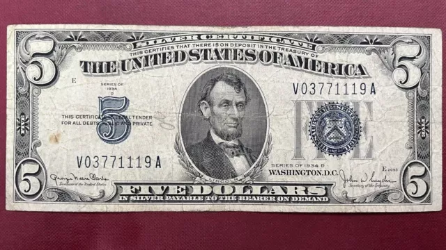 1934 D Five Dollar Silver Certificate $5 Bill Blue Seal Note Circulated #59021