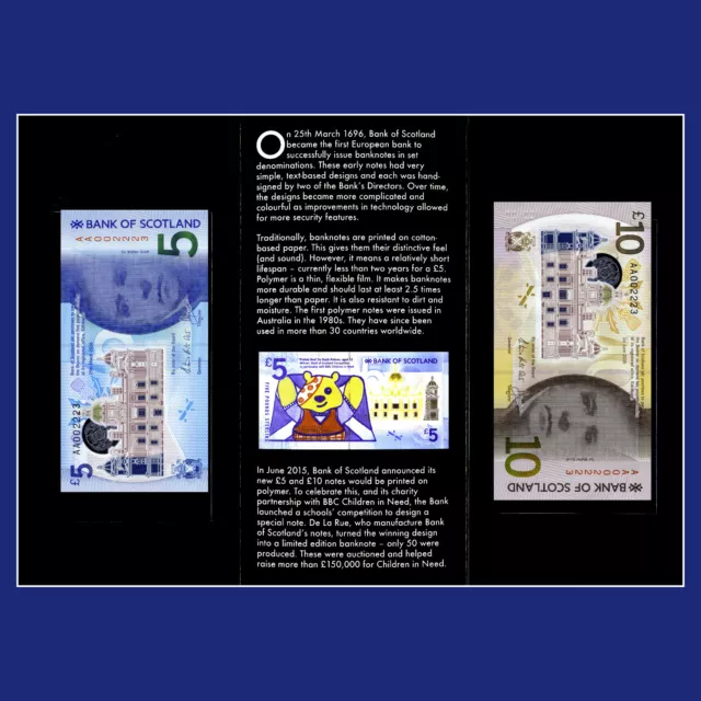 AA 002223 - Bank of Scotland 1st Polymer £5 & £10 Low No. Note Pair Pack of 2016