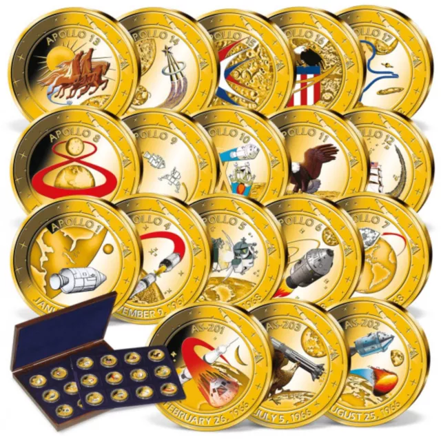 THE APOLLO MISSIONS 2020 Complete Set Of 18 Proof Medals In Wooden Box. B21
