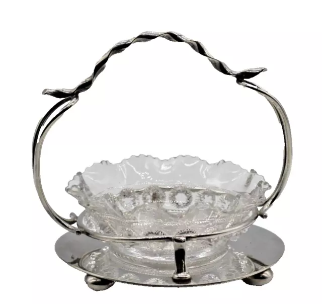 Victorian Silver Plated Sugar Basket & pressed glass bowl. Pure elegance !