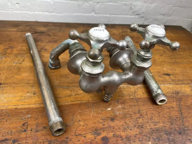 C.1910 PECK Brothers BATHTUB Faucet, Collars & Pipe, Brass & Nickel Plate