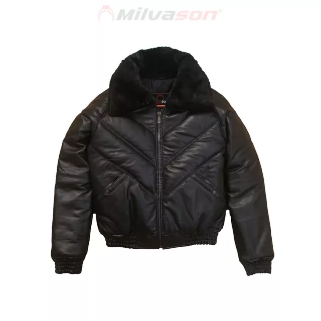 Men's Leather Jacket with Fox Fur Collar - Bubble Black Leather V-Bomber Jacket