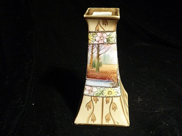 Nippon handbemalt Porzellan konische Vase Waldland Japan Röhrenlinie Emaille GIlt