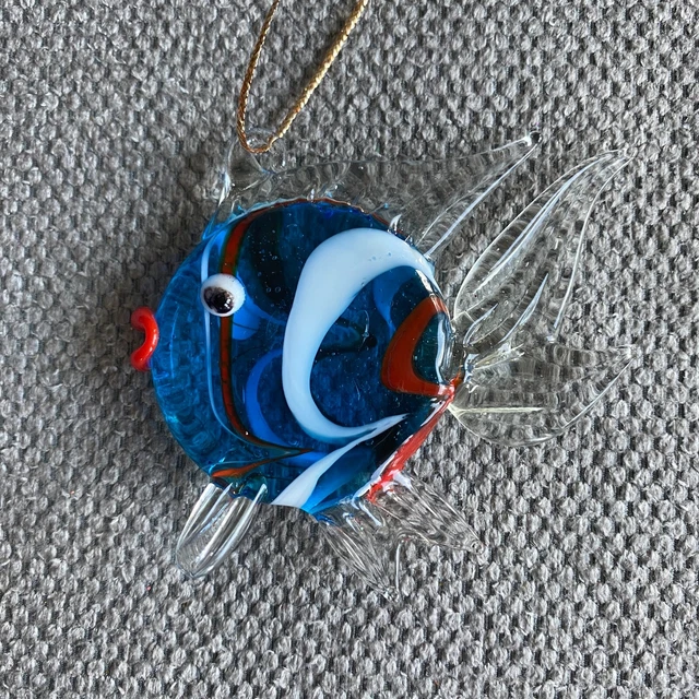 Hand Blown Art Glass Fish Christmas Ornament Blue White & Red 3" Tropical