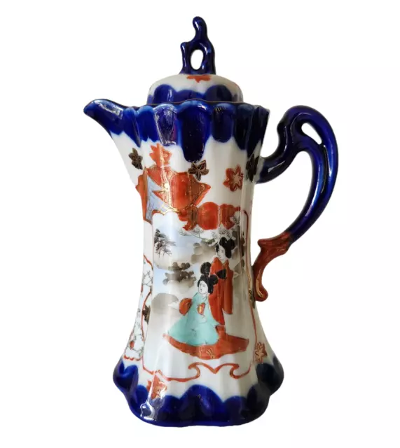 Antique Nippon Blue TEAPOT PITCHER Hand Painted Porcelain with Lid Japan 9.5"