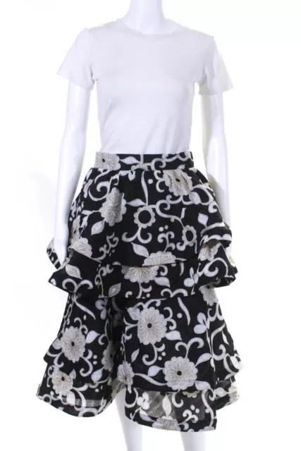 Buru Womens Floral Print Back Zipped Ruffled Tiered Maxi Skirt Black Size M
