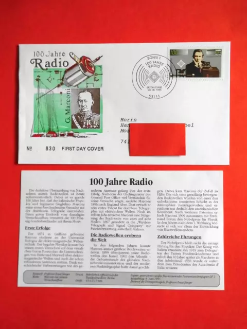 Brief Ersttagsbrief BRD 1995 100 Jahre Radio Mi. Nr. 1803 FDC-Vollstempel