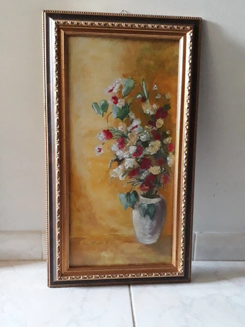 QUADRO DIPINTO OLIO vaso di fiori natura morta.61×34 cm firmato cornice legno