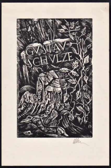 Exlibris Gustav Schulze ex-libris bookplate Hans Schulze