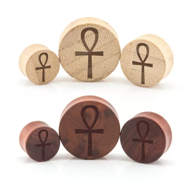 Ear Plug  Wood Ankh Symbol Ear Gauge - Laser Engraved Bamboo or Rose Wood