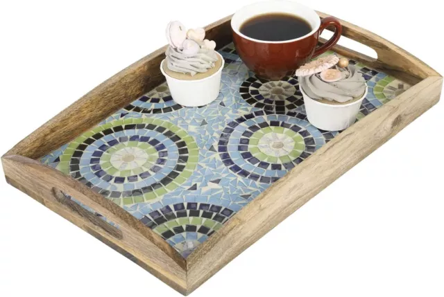 Intricate Glass Mosaic Design Rectangular Decorative Mango Wood Serving Tray