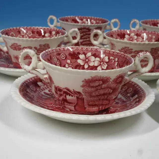 Copeland Spode's Tower in Red - 6 Bouillon Soup Cups Bowls and Saucers