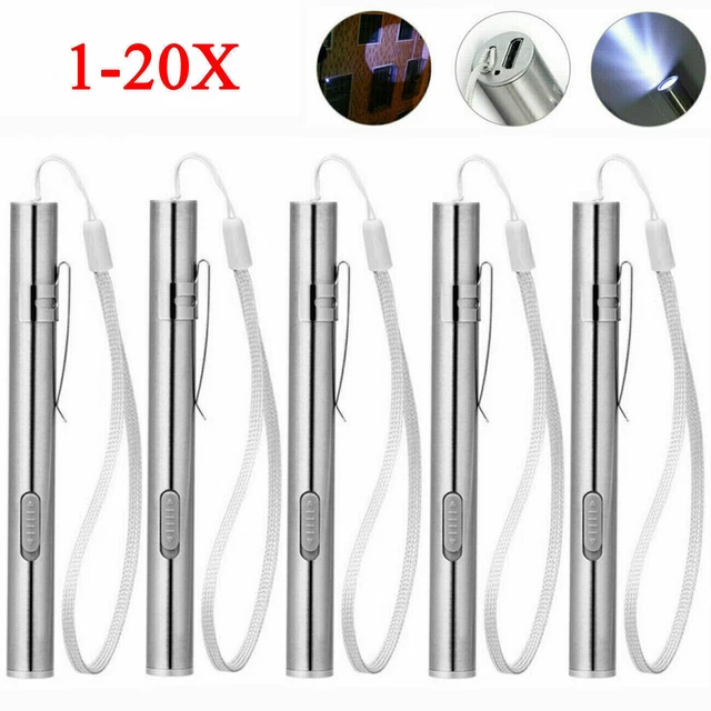 1-20X LED USB Rechargeable Mini Flashlight Stainless Steel Pen Light 1000 Lumens