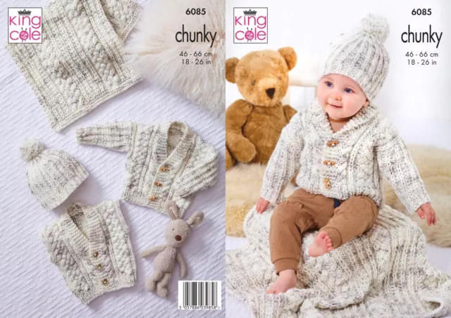 King Cole Baby Chunky Knitting Pattern - 6085 Jacket/Cardigan/Gilet/Hat/Blanket