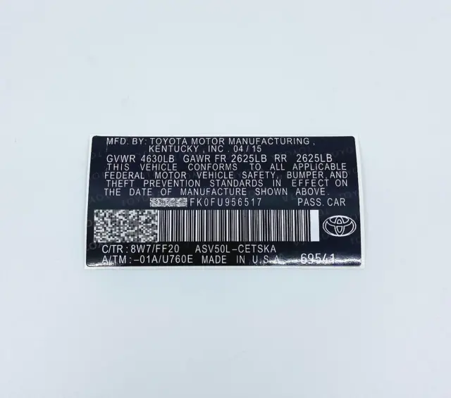 Toyota VIN Code replacment Label Sticker For All Makes & Models