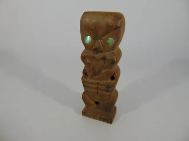 Tekoteko Maori New Zealand Hand Carved Wooden Tiki Figurine Abalone Eyes 4 Inch