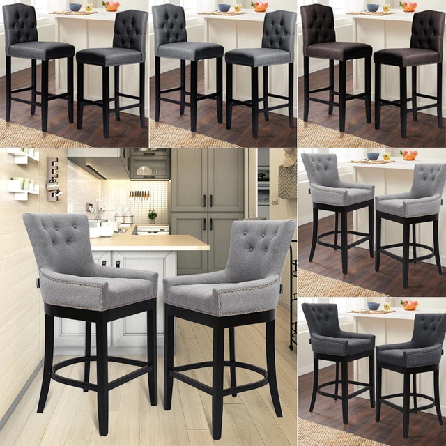 GREY LINEN FABRIC Breakfast Counter Chairs Bar Stools Wood Barstools