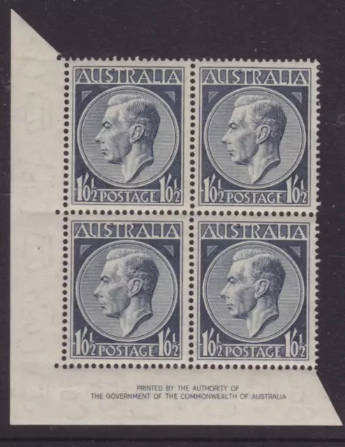 Australia 1952 KGVI 1/0 ½d GREY IMPRINT BLOCK (4) MINT/MLH (QB2)