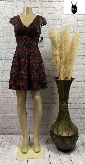 KENSIE Women's Lace Foil Dress- Cap Short Sleeve Fit + Flare Floral Red Size 0